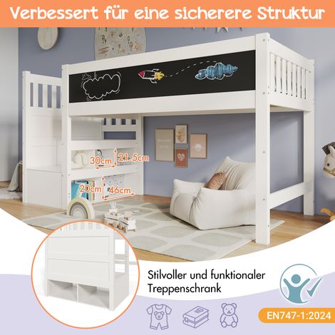 Lit superposé enfant 90x200 blanc avec tableau ardoise et tableau magnétique, rangement intégré, barrière de sécurité anti-chute, sommier à lattes inclus, sans matelas – Meuble chambre kids (1/5)