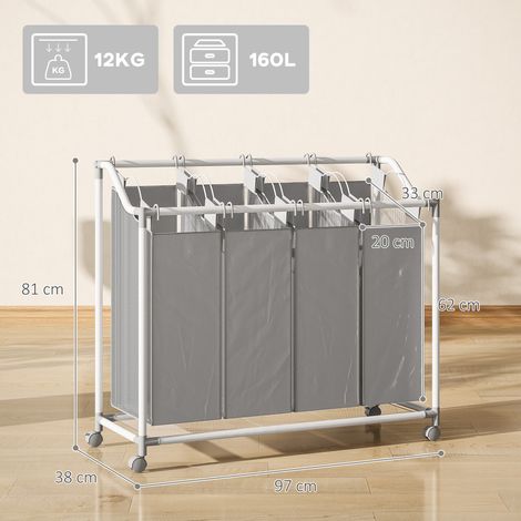 Panier à linge à 4 compartiments, capacité 160 L, à roulettes, avec sac à linge amovible, 97 x 38 x 81 cm, gris (1/5)