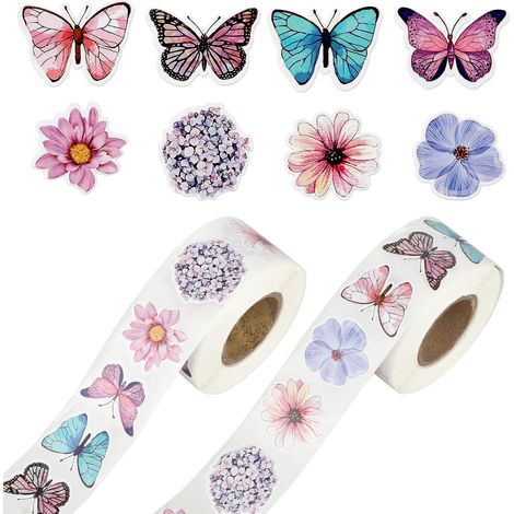 1000 Autocollants sur 2 Rouleaux Autocollants Fleurs & Papillons Fleurs Autocollants pour Enfants DIY Papier Ruban Autocollants, Divers Autocollants Papillons Fleurs pour Bricolage Artisanat (1/5)