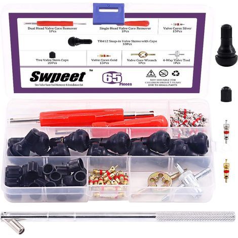 Lot de 65 outils de démontage et d'installation de tiges de valve de pneu, bouchons de valve, tiges de valve à encliquetage avec noyaux de tige de valve, outil de démontage de noyau de valve de (1/5)