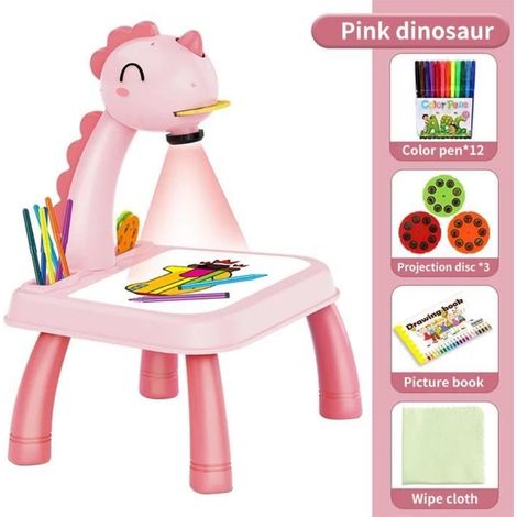 Tableau à dessin avec projecteur LED pour enfants, table de dessin, apprentissage au bureau, motif dinosaure, rose (1/2)
