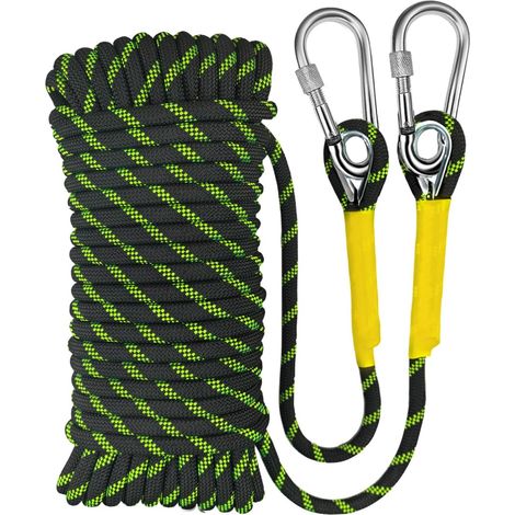 Corde d'escalade 8 mm Corde Statique de Extérieure 20 m Sauvetage d'incendie Corde de Tressée Nylon Avec 2 Crochets en Acier Pour Randonnée Escalade Extérieure Noir Fluorescent (1/5)