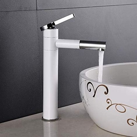 Rubinetto girevole + maniglia per bagno, elegante rubinetto per lavabo bianco, alto (1/5)