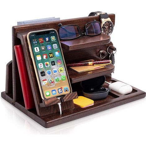 Lot Bois Organiseur Bureau Multifonction avec Station Charge et Porte-Verre Cadeau Papa Mari Homme Anniversaire Noël Fête Pères (1/5)
