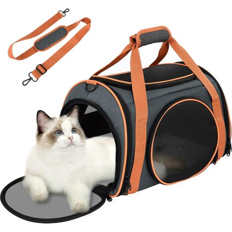 Sac Transport Chat, Caisse de Transport Chat Respirant et Pliable, Cage Transport pour Chat avec Grand Espace, Sac Transport Chat Ouverture Matelas en Peluche Amovible, Panier Transport Chat
