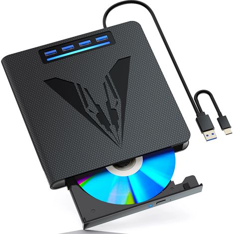 Graveur/lecteur/graveur CD/DVD portable, lecteur CD/DVD externe avec 4 ports USB et un emplacement pour carte TF/SD, adapté aux ordinateurs portables. (1/5)