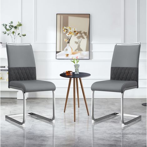 Chaise de salle a manger en metal grise, design ergonomique, dossier PU et lin, 42 x 45 cm (1/5)