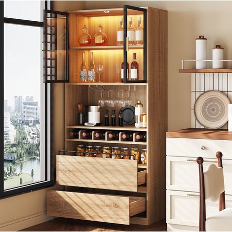 Vitrine 180x40x180 cm natur MDF mit Glastüren, LED-Beleuchtung, offenen Fächern und Schubladen (1/5)