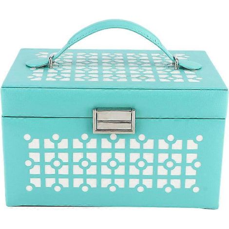 Boîte à bijoux portable en cuir PU de grande capacité avec miroir (bleu clair) (1/5)