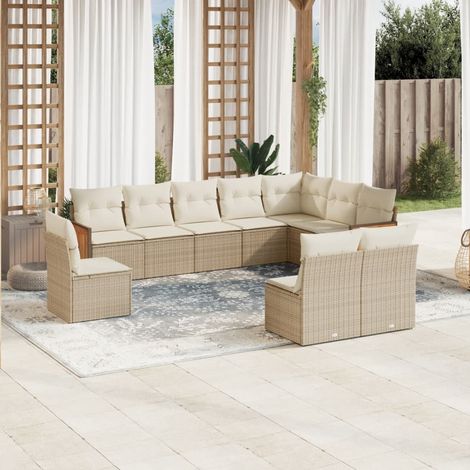 Ensemble Salon Jardin 10 Places Résine Tressée Beige avec Coussins Lavables - Modulaire Meuble Exterieur (1/4)