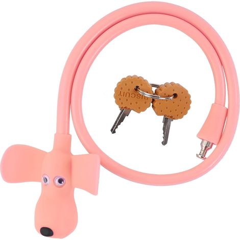 Antivol de vélo avec câble, antivol à câble avec clés, antivol de vélo pour enfants recouvert de silicone, cadenas à câble de dessin animé (rose clair)-AquaForge (1/5)