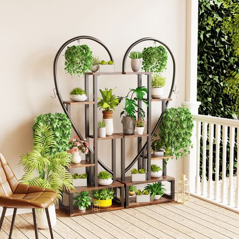 2Pcs Metal Plant Stand 6 Tier Half Heart Shape Ladder Shelf Flower Potted Rack - Large (1/5)