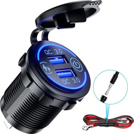 Waterproof Dual USB Quick Charge 3.0 Socket 36W 12V 24V USB Outlet Fast Charging with Touch Switch and Blue LED DIY Kit for Car Boat ATV Bus Truck Forklift (1/5)