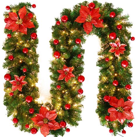 Guirlande de Noël, 2,7 mètres Guirlande de Noël avec Lumières, Couronne Artificielle avec Boules, Fleurs et Baies Rouges, Guirlande de Noël pour Escaliers Cheminées Portes, Intérieur ou Extérieur (1/4)