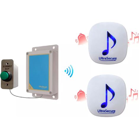 Ultra Secure – Sonnette sans-fil 600m – Double carillon avec 35 mélodies – Bouton déporté étanche IP65 – Volume réglable – Installation facile