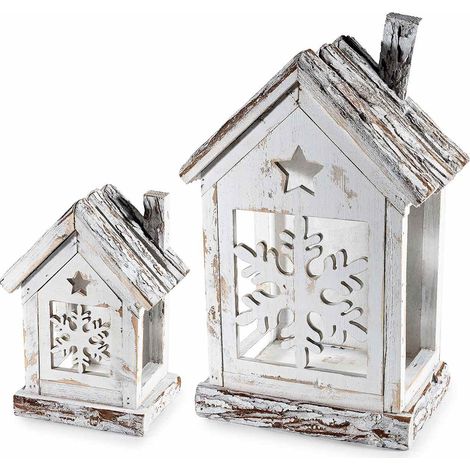 Lanterne in legno naturale bianco con decori sagomati a stellina e fiocco di neve in set da due pezzi, Grande: cm 22 x 14 x 35 H