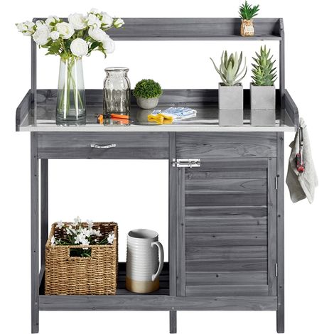 Homevive Mesa de Trabajo Jardín 112 x 46cm Altura 125 cm Mesa Cultivo Jardinería para Terraza Balcón con Cajón y Gabinete y 3 Ganchos y Encimera Galvanizada Gris
