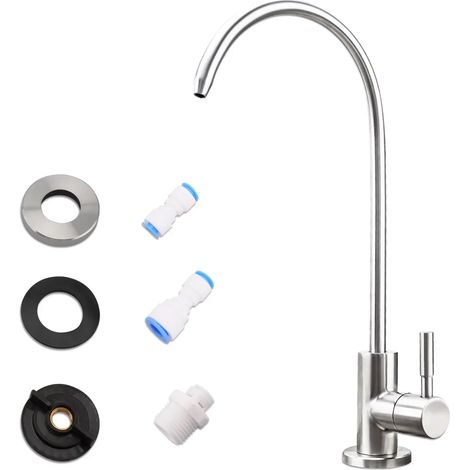 Robinet de cuisine (brossé) 1/4" avec purificateur d'eau, robinet d'eau potable, robinet d'évier à eau froide simple, filtre en acier inoxydable, robinet d'eau propre (1/5)