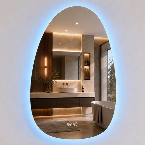 Relaxdays espejo de baño Arco, 80x52 cm, espejo LED regulable, 3 modos de luz, antivaho, IP44, vidrio (1/5)