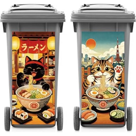 Lot de 2 autocollants pour poubelle représentant des chats, des ramen japonais et des sushis (1/5)