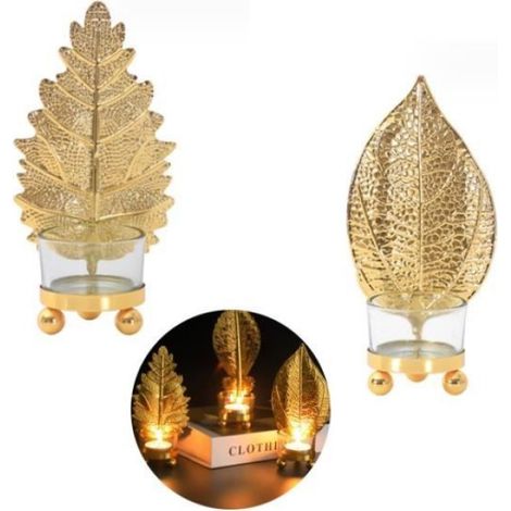 2 Bougeoir, Design Feuilles, Fer et Verre, Finition Or, Extérieur et Jardin (1/4)