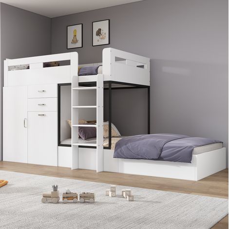 MODFU – Lit superposé enfant 90x200 cm MDF et multicouches – Bureau coulissant, armoire, tiroirs et étagères – Charge 120 kg par couchage – Chambre – Blanc et noir (1/5)