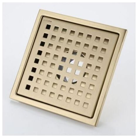 Caniveau de douche carré en acier inoxydable doré 15 x 15 cm avec couvercle de siphon de sol, noyau en laiton déodorant, or brossé (1/4)