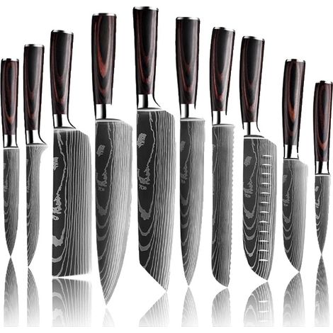 Juego de cuchillos de cocina, diseño Damasco grabado con láser, mango ergonómico, juego de 10 piezas. (1/2)