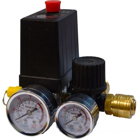 Kit de pressostat pour compresseur d'air avec deux manomètres 12 Bar - 2 voies (1/5)