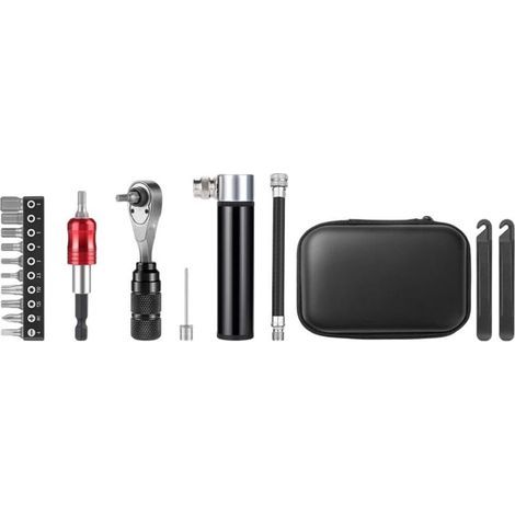 Kit di riparazione multifunzionale per bicicletta con chiave a cricchetto, leve per pneumatici e pompa, set di attrezzi portatile in custodia per la manutenzione della bicicletta, nero (1/5)