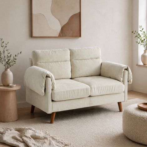 Canapé 2 places en chenille beige avec coussins rembourrés et pieds effet bois (1/5)