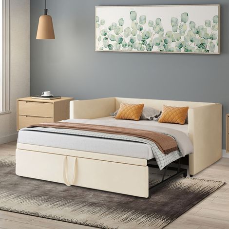 Canapé-lit convertible 90/180x200cm, velours, Canapé-lit dépliant/escamotable, Lit-canapé extensible, Canapé transformable en lit double, Lit gigogne, lit superposé escamotable, Beige