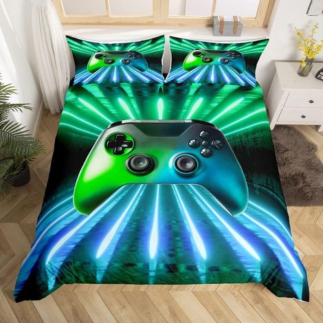 Ensemble de literie Bleu Vert pour Manette de Jeu,Taille 240 x 260,Housse de Couette de Jeu Moderne pour Joueur,Parure De Lit néon pour Enfants,garçons,Filles,décor de Chambre 2 Taies D'Oreiller - 240 (1/5)