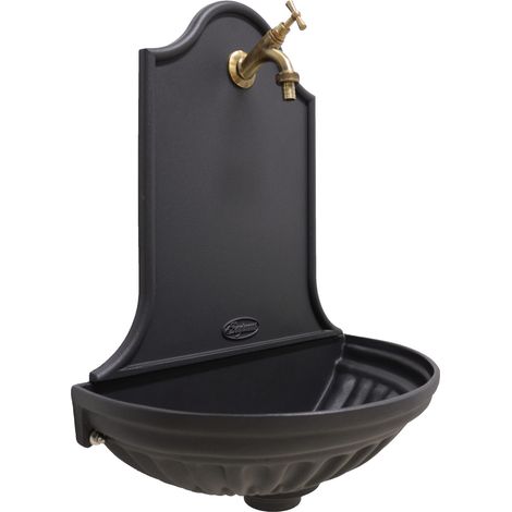 Fonderia Bongiovanni – Fontaine murale Siviglia en fonte – Robinet en laiton bruni – Hauteur 64cm – Largeur 47cm – Pour aménagement extérieur (1/3)