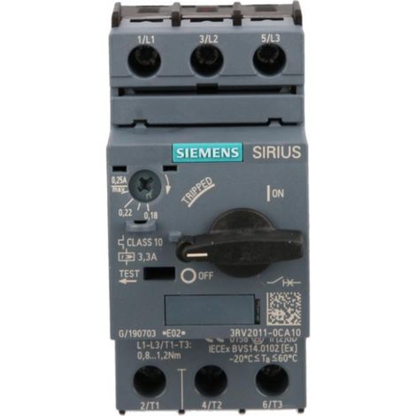 Interruptor automático para motor 3P 0,06kW 0,18-0,25A S00 3RV2011-0CA10