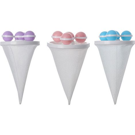 Filtre à peluches machine à laver Lot de 3 filets coniques polyester flottants bleu rose violet anti-cheveux (1/5)
