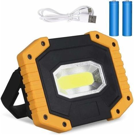 Projecteur LED Rechargeable,20W USB 1200LM Lampes de Travail à LED,Projecteur Chantier Lampes de COB Camping Imperméable Portable avec 3 Modes pour Camping,Chantier,Garage, (2 piles incluses) [Classe (1/5)