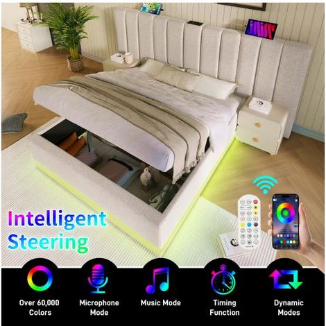 Lit Coffre - SOGEU - 160x200 - LED 360° APP - 3 USB + 1 USB-C - Sommier à lattes & Coffre hydraulique (1/5)