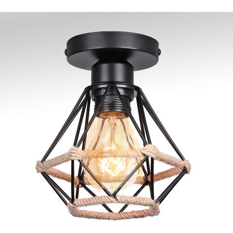 STOEX Lampada a Sospensione Vintage Metallo Corde di Canapa Plafoniera per Camera da Letto - Nero Ø160mm E27 Max 60 W (1/5)