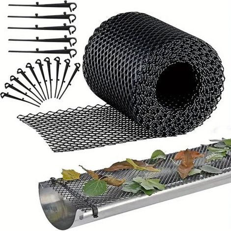 Filet de protection pour gouttière, 6 m x 15 cm, avec 10 crochets de fixation, noir, découpable et résistant (1/4)