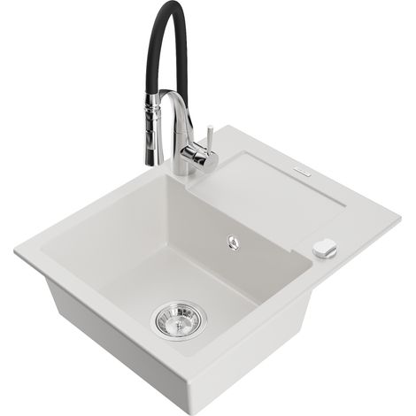 Mexen Enzo lavello in granito a 1 vasca con scolapiatti e rubinetto da cucina Aster, bianco - 6506-20-73450-07 (1/5)