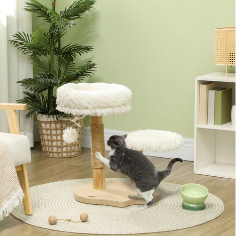 Árbol rascador para gatos (50x47x61.5 cm), con plataforma de salto, pelota colgante, camas lavables, madera blanca (1/5)