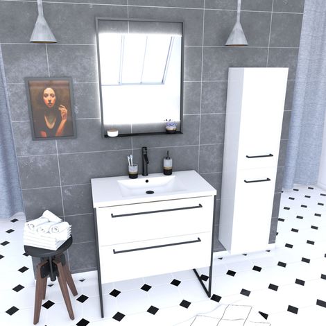 Mobile Bagno 80 cm, Lavabo Bianco, Specchio LED e Colonna - Bianco