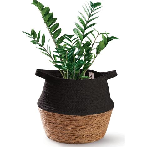 Panier en Jonc de Mer et Coton - 1 Pièce - Style Naturel Noir - Cache-pot Pliable et Robuste - Pour Plantes et Rangement Intérieur - Diamètre 27 cm (1/5)