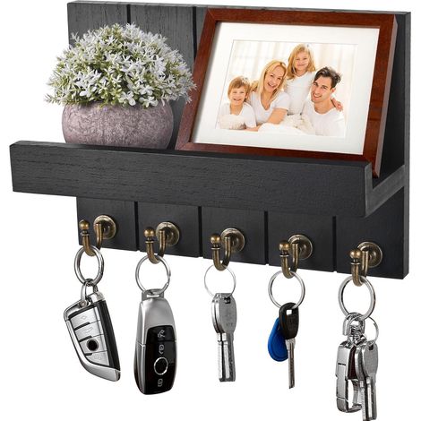 Porte Clef Mural, Porte-Clés Mural en Bois, avec 5 Crochets à Clés, pour Salon, Salle de Bain, Cuisine, Les Entrées, Couloirs (Noir)