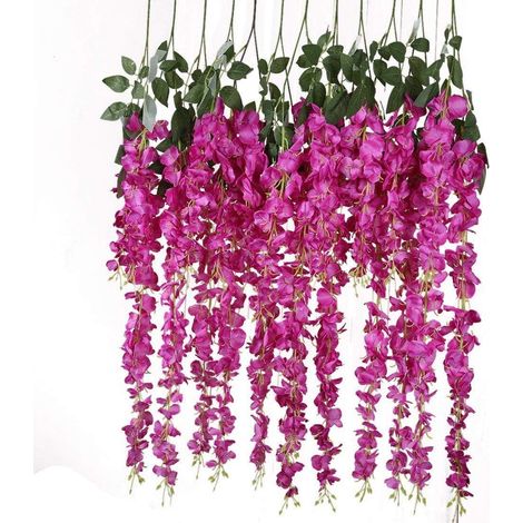 12 PCS 3.6feet Fleurs Artificielles Faux Wisteria Réaliste Soie Romantique Suspendu À La Vigne pour Les Décorations De Mariage Home Garden Party Decor (Rose Rouge) (1/5)