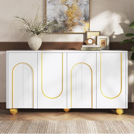 Aparador de 4 puertas blanco con detalle de arco dorado y patas metálicas esféricas (1/5)