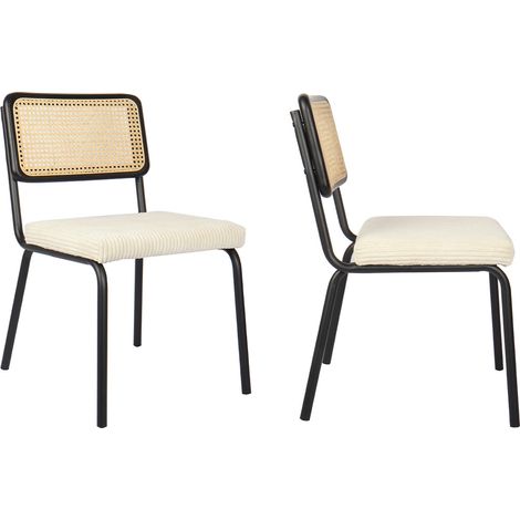 Lot de 2 chaises en métal et bois noir, cannage naturel et velours côtelé beige - Paula (1/5)