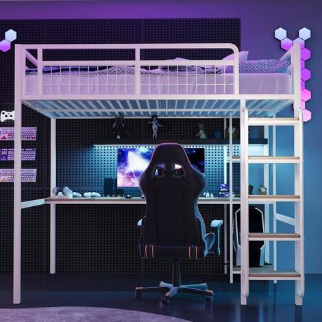 Lit mezzanine - KOMHTOM - 140x200 cm - Bureau intégré - Étagères sous le lit - Escalier sécurisé (1/5)
