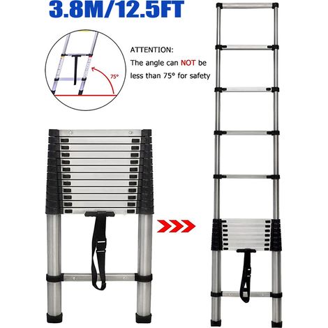 12.5FT Échelle télescopique de 3,8 m EN131 en Acier Inoxydable Robuste - Charge maximale : 150 kg